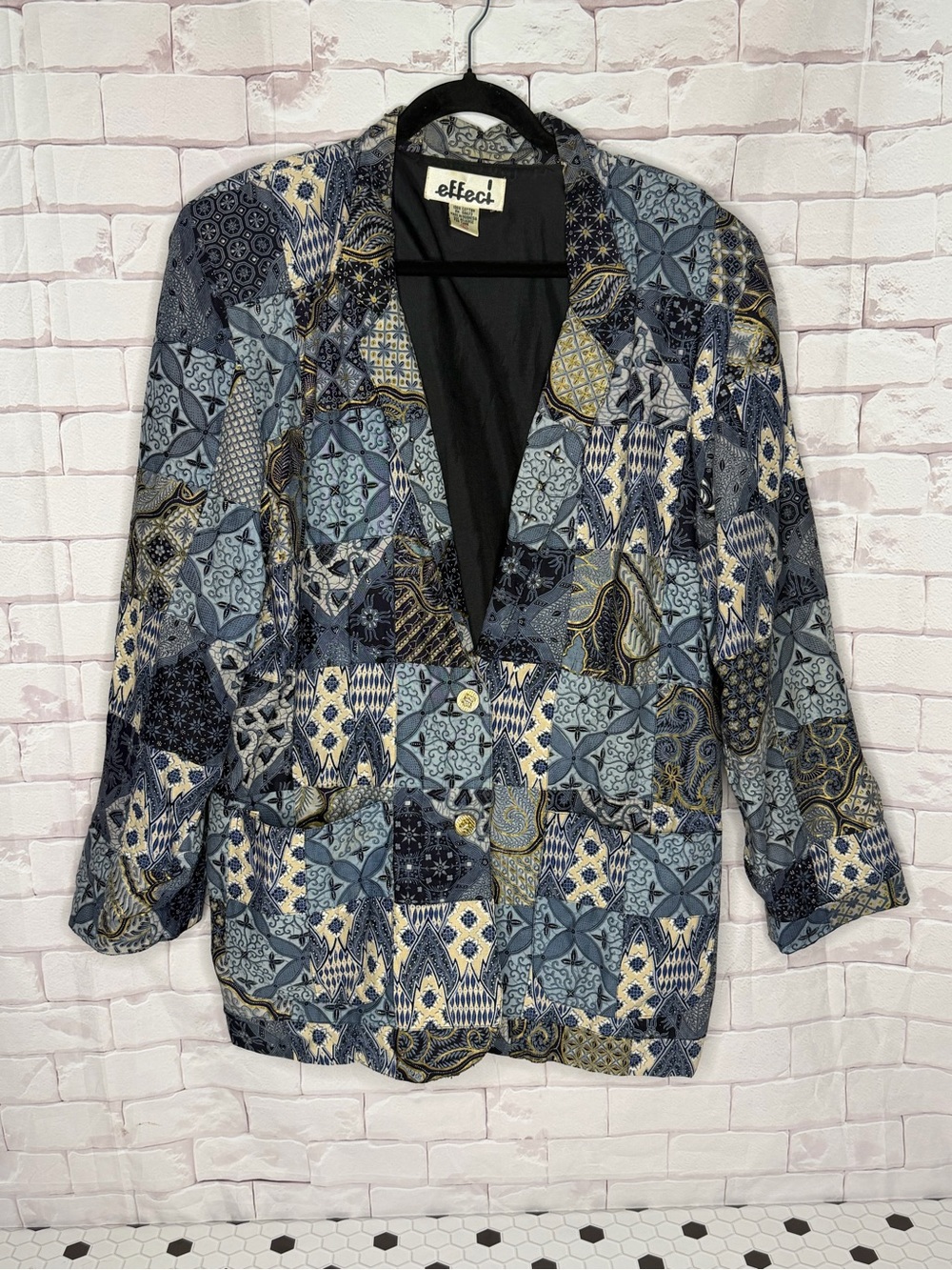 Effect Patchwork Print Cotton Blazer Jacket Size L Blue Boho Quilted Style